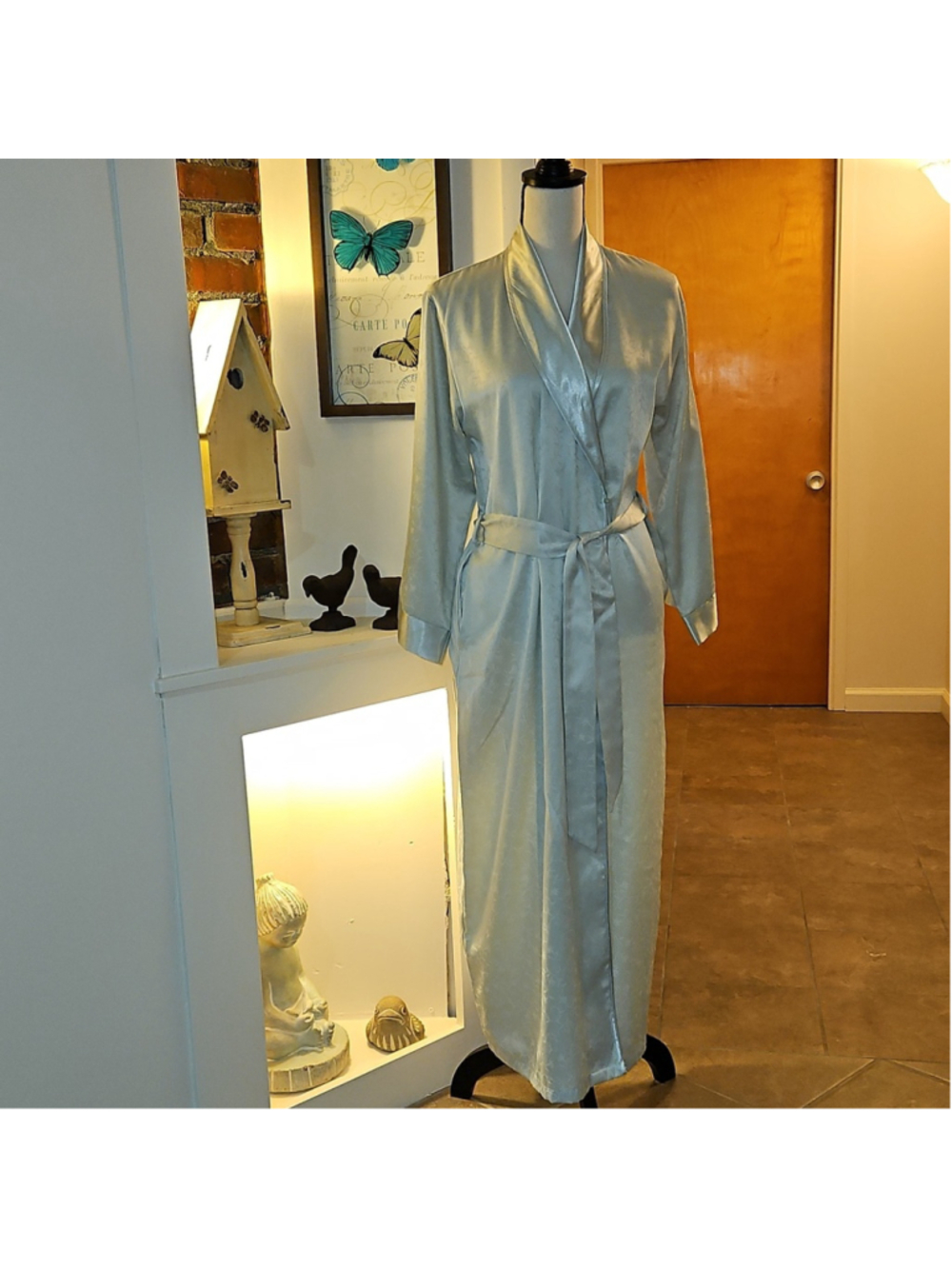 Jones New York Ankle Length Robe Soft Pale Green Floral Leaf Pattern Sm Vintage